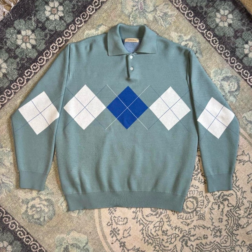 Vintage Argyle Pullover Sweater - Green, Blue and White
